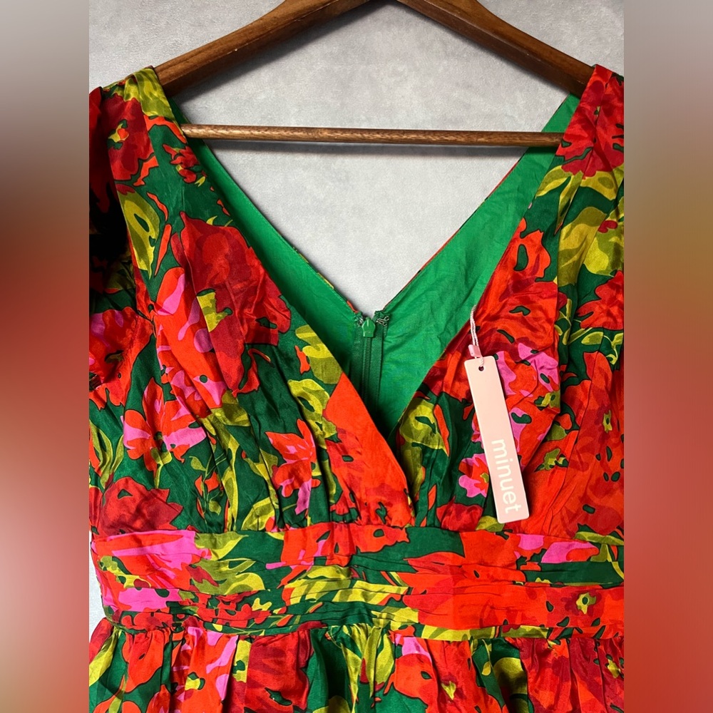 Floral V-Neck Dress - Red, Green, Pink - Picture 8 of 10